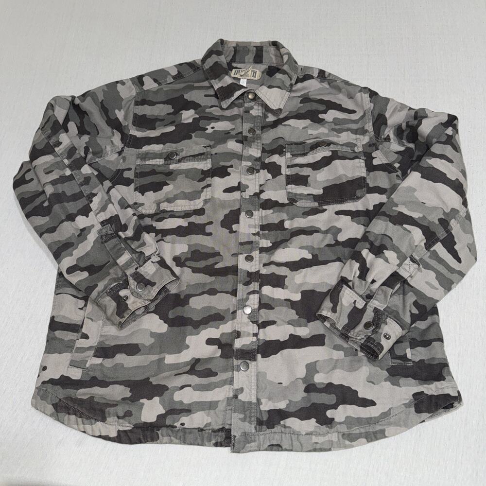 Duluth Trading Co Jacket Heavy Coat Mens XL Green Camo Cotton Button Up Military